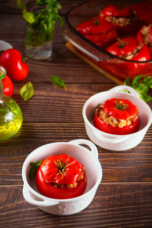 Delicious stuffed tomatoes with minced beef and riceの写真素材
