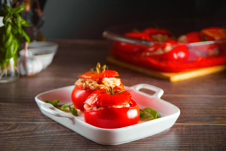 Delicious stuffed tomatoes with minced beef and riceの写真素材