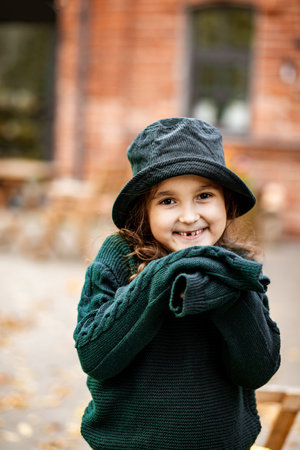 Cute little girl outdoor. Autumn conceptの写真素材