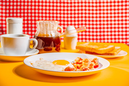 Fried egg with roasted bacon, black coffee, toasts on yellow background. Retro American breakfast. Hard shadowの写真素材