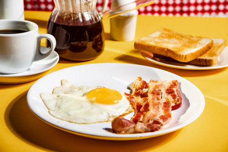 Fried egg with roasted bacon, black coffee, toasts on yellow background. Retro American breakfast. Hard shadowの写真素材