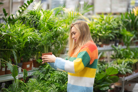 Woman at a garden center buying home plant.の写真素材