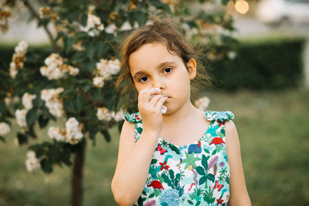 Little kid girl with seasonal allergy gets cold and blows her nose outdoor nearby blooming trees. Healthcare, pollen and flowering allergy in spring concept. World Allergy Dayの写真素材