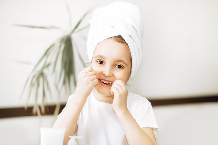 Cute little girl brushing teeth at home. Morning routineの写真素材