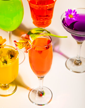 Healthy organic homemade fresh lemonade or cocktail in different glasses. Nonalcoholic mocktails decorating with flowers. Natural beige backgroundの写真素材