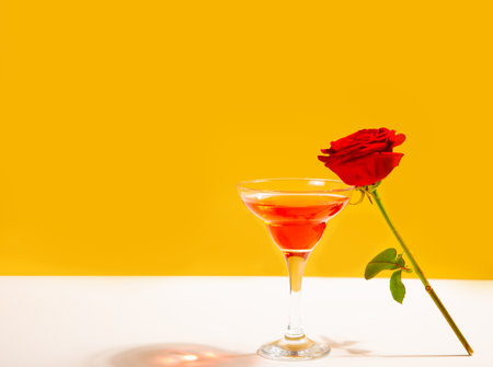 Glass of red wine with red rose on the white background. Romantic date concept. Copy space.の写真素材