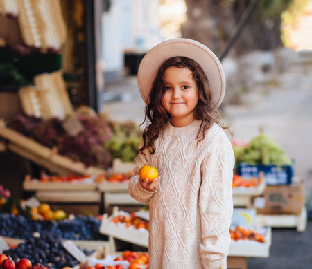 Cute little girl in a hat with net bag buying fruits and vegetables at organic farmers market. Green and healthy eating lifestyle. Enjoying shopping for healthy food.の写真素材
