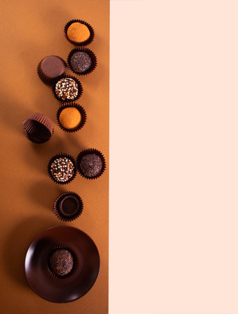 Traditional Brazilian sweet chocolate ball Brigadeiro made with cocoa powder and condensed milk. Top view. Copy space.の写真素材