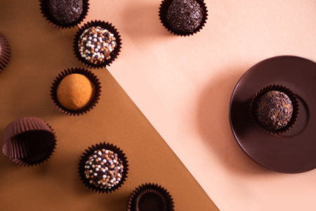 Traditional Brazilian sweet chocolate ball Brigadeiro made with cocoa powder and condensed milk.の写真素材