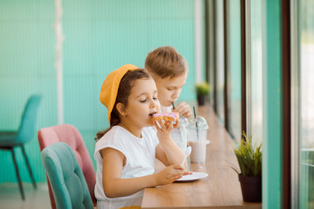 Cute girl and teenager boy eat with ice cream and drinking milkshake in cafe and having fun. Retro styleの写真素材