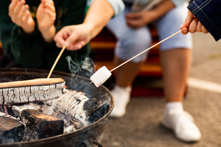 Gathering of people around a striking iron fire pit (fire ring) burning wood and roasting marshmallows on an open campfire.の写真素材