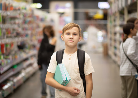 Cute teenager kid boy choosing school stationery in supermarket.の写真素材