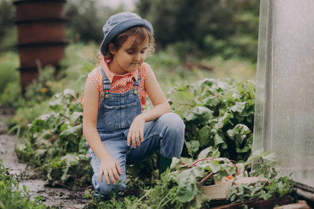 Cute little kid girl picking in wooden box fresh just harvested vegetables of a countryside farmの写真素材