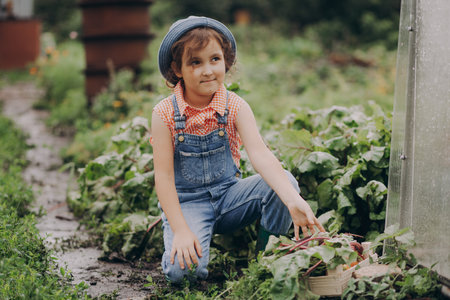 Cute little kid girl picking in wooden box fresh just harvested vegetables of a countryside farmの写真素材