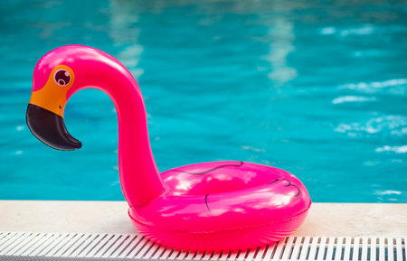 Pink flamingo inflatable ring in sunny pool.の写真素材