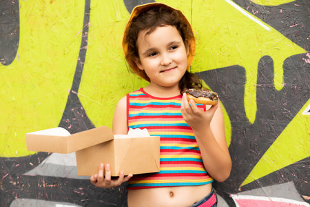 Little girl eating chocolate donut. Child snacking on food outdoors.の写真素材