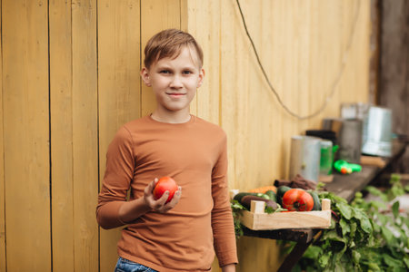 Cute kid teenager boy eating fresh just harvested vegetable tomato of a countryside farm.の写真素材