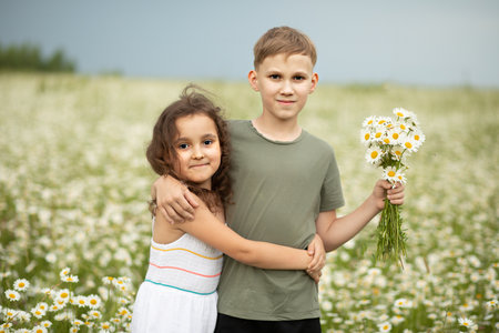 Cute little child girl and teen boy at camomile field picking flowers and having fun. Family vacation. Children outdoor activity.の写真素材