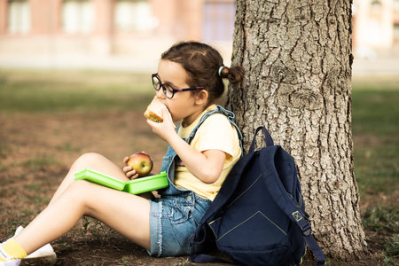 Cute little schoolgirl eating from lunch box outdoor under the tree. Food for kidsの写真素材