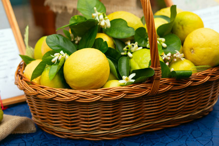 Fresh lemons in the basket.の写真素材