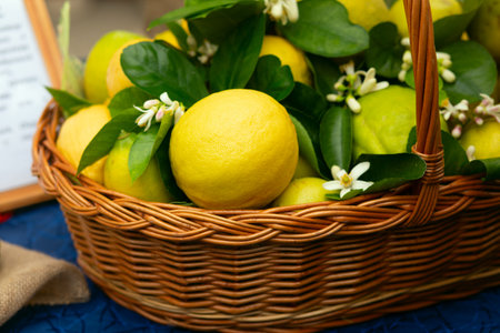 Fresh lemons in the basket.の写真素材
