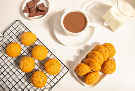 Hot chocolate with chocolate pieces and cookies. Top view.の写真素材