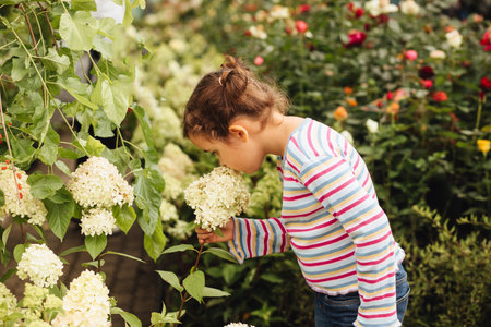 Cute little girl smell and buying flowers in a pot. Choosing plants in a local garden centerの写真素材