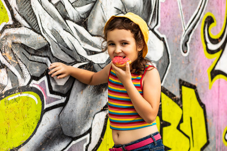 Little girl kid eating sweet and tasty donut. Child snacking on food outdoors.の写真素材
