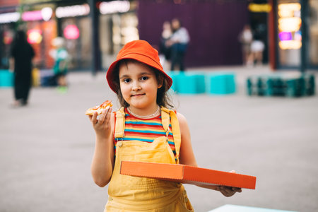 Cute little girl eating pizza. Children snacking on food outdoors.の写真素材