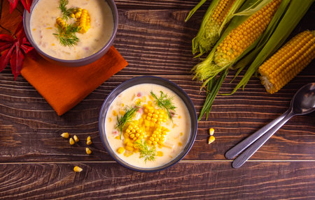 Delicious creamy corn soup in a bowl on the wooden table. Autumn food. Harvest concept. Top view.