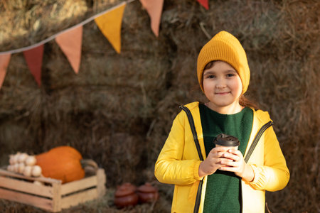 Cute little girl drinking hot cocoa from paper cup in autumn festivalの写真素材