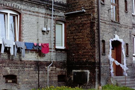Wedding in slums. Clothes hanging.の写真素材