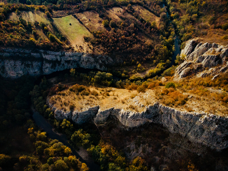 Drone aerial view of cliffs national park Cheile Nereiの写真素材