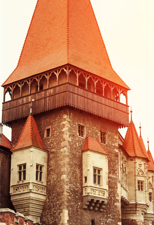 Beautiful view of castle with wooden bridge and high towerのeditorial素材