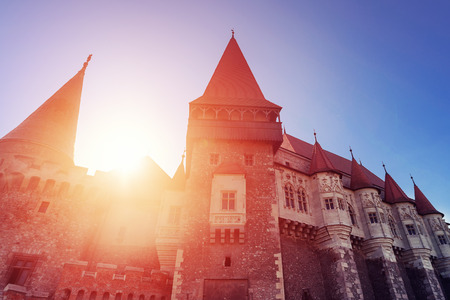 Beautiful view of castle with wooden bridge and high towerのeditorial素材
