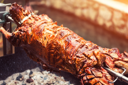 Lamb on skewer grilled using hot charcoalの写真素材