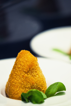 Hot Starter Food - Deep Fried Camembert with Mango Sauce. Gourmet Restaurant Appetizers Menuの写真素材