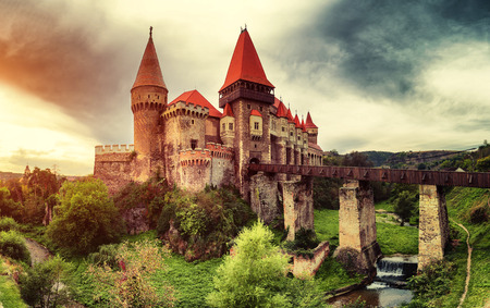 Beautiful view of castle with wooden bridge and high towerのeditorial素材