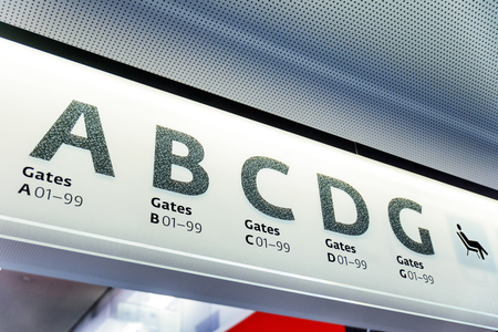 Airport gates sign A B C D G gatesのeditorial素材