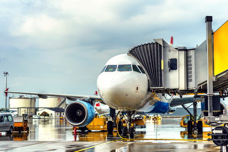 Passenger plane under pouring rainのeditorial素材