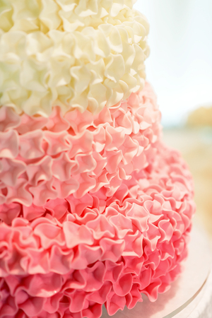 Festive cake on display at wedding receptionの写真素材