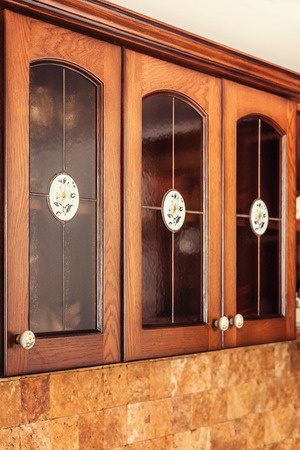 Solid wood kitchen furniture interior detailの写真素材