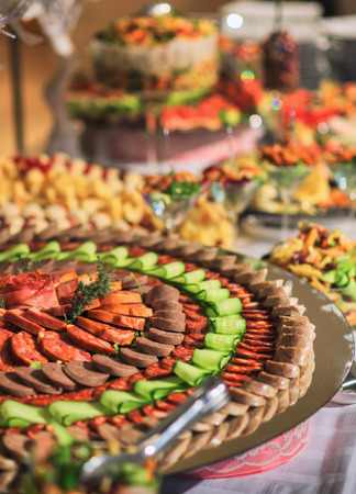 buffet food on display on tableの写真素材