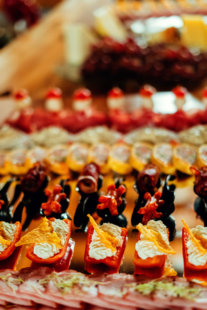Italian Bruschetta or Crostini With Tomato Basil on displayの写真素材