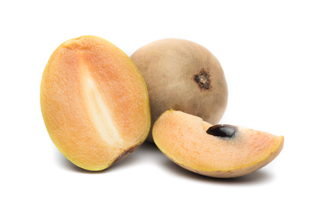 fresh sapodilla fruit isolated on white backgroundの写真素材