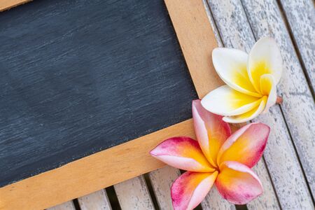 Empty chalk board with frangipani on bamboo background. Blank blackboard.の写真素材