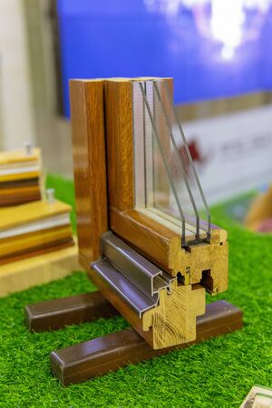 Wooden window profiles in section. Exhibition sampleの写真素材