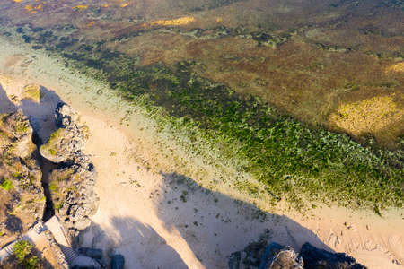 Tropical sea coral reef coastline with green seaweeds rocks at sunset. Baliの写真素材