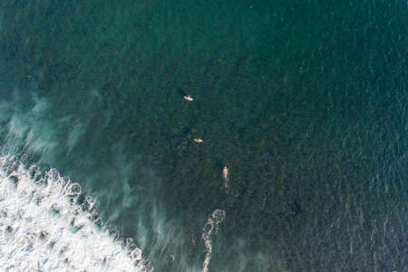 Aerial view of surfers in tropical ocean. Bali, Indonesia. Surfing concept