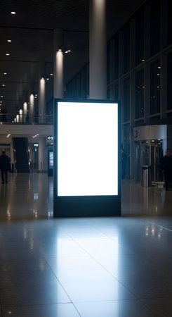 A bright, blank vertical digital billboard stands in a dark, modern public space. Its white light reflects brilliantly on the polished floor, creating a perfect mockup for ads.の素材